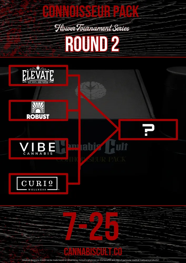 Bracket for the Flower Tournament Series Round 2 featuring cannabis brands Elevate, Robust, Vibe Cannabis, and Curio Wellness. Promotional content for Cannabis Cult on a dark background with event date and website information.
