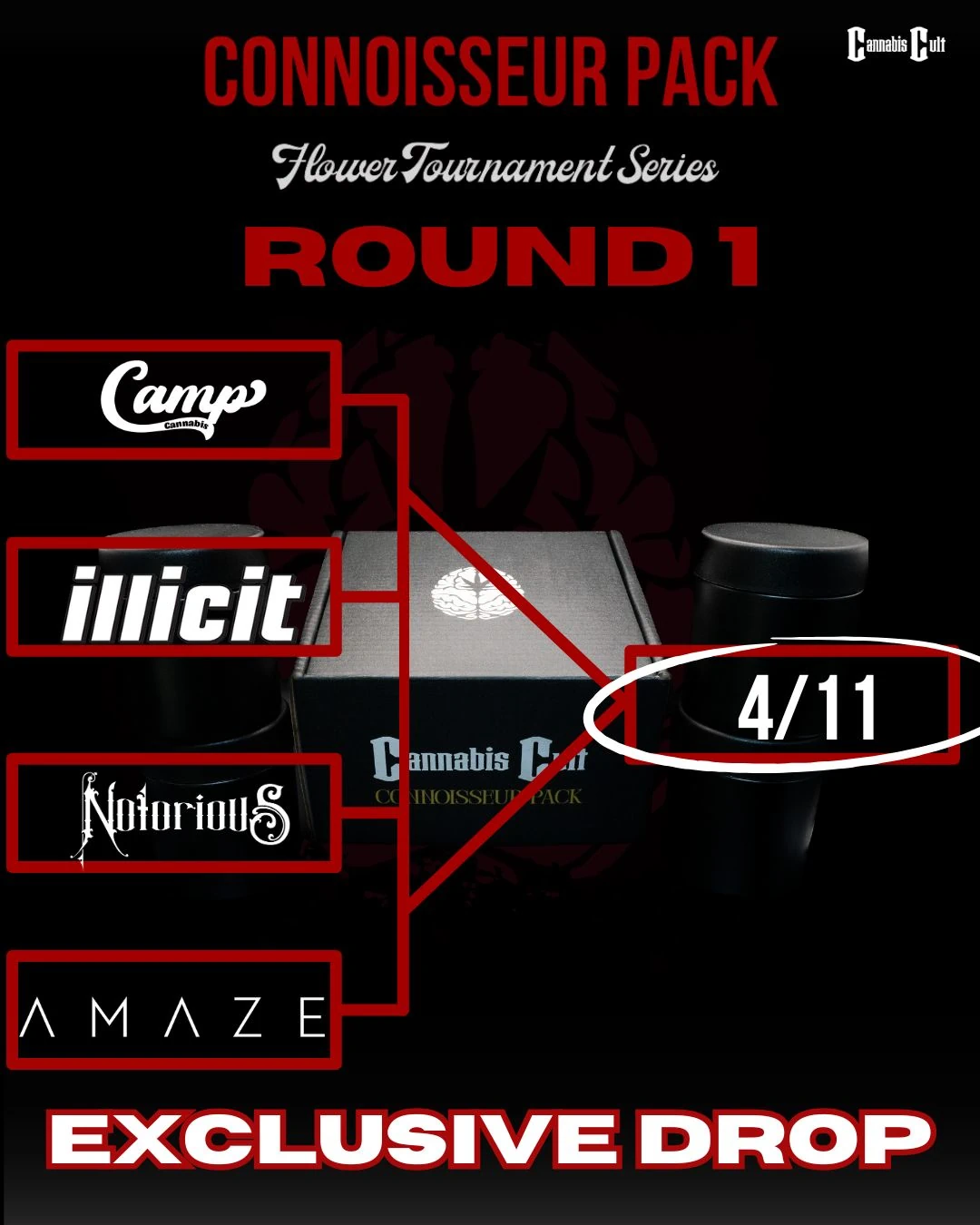 The Cannabis Cult Flower Tournament 2025 release poster featuring Camp, illicit, Notorious, and Amaze who will compete with the winner earning their spot in the 2025 Cannabis Cult Flower Tournament Finals