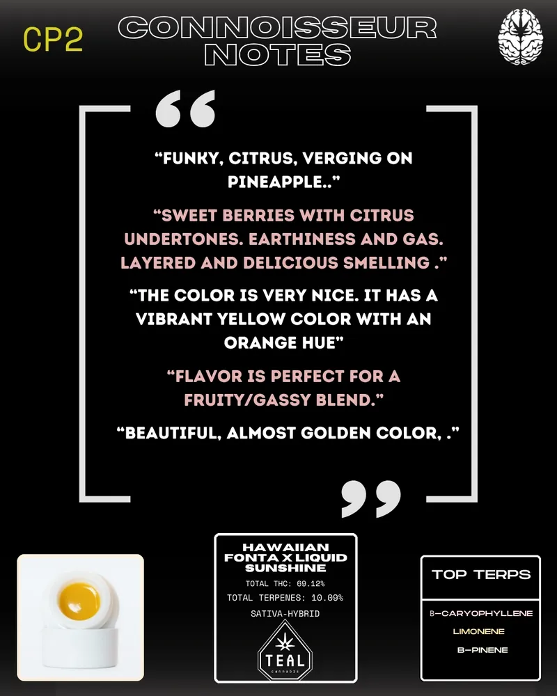 Image showcasing connoisseur tasting notes for Hawaiian Fonta x Liquid Sunshine cannabis strain. Descriptions highlight its flavors and aromas, mentioning citrus, sweet berries, and a vibrant yellow-orange color. Includes THC level (69.12%), total terpenes (10.00%), and top terpenes: b-caryophyllene, limonene, and b-pinene.