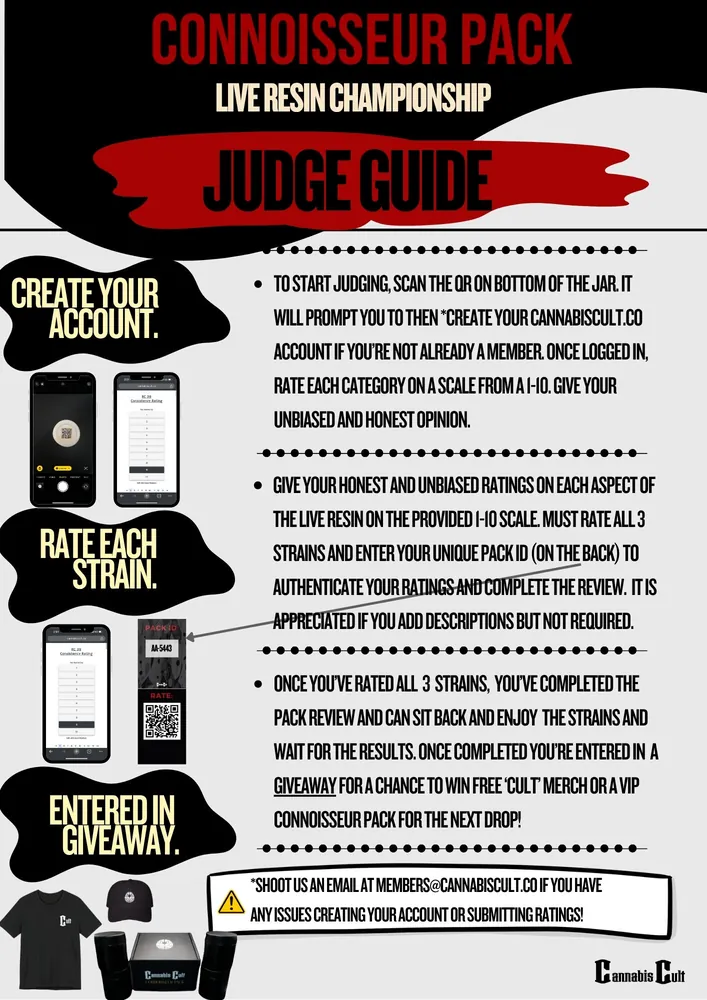 Cannabis Cult Live Resin Division Limited Edition Pack guide for judges, detailing steps to create an account, rate strains, and enter a giveaway. The guide includes instructions for scanning a QR code, rating categories, and completing the review process.
