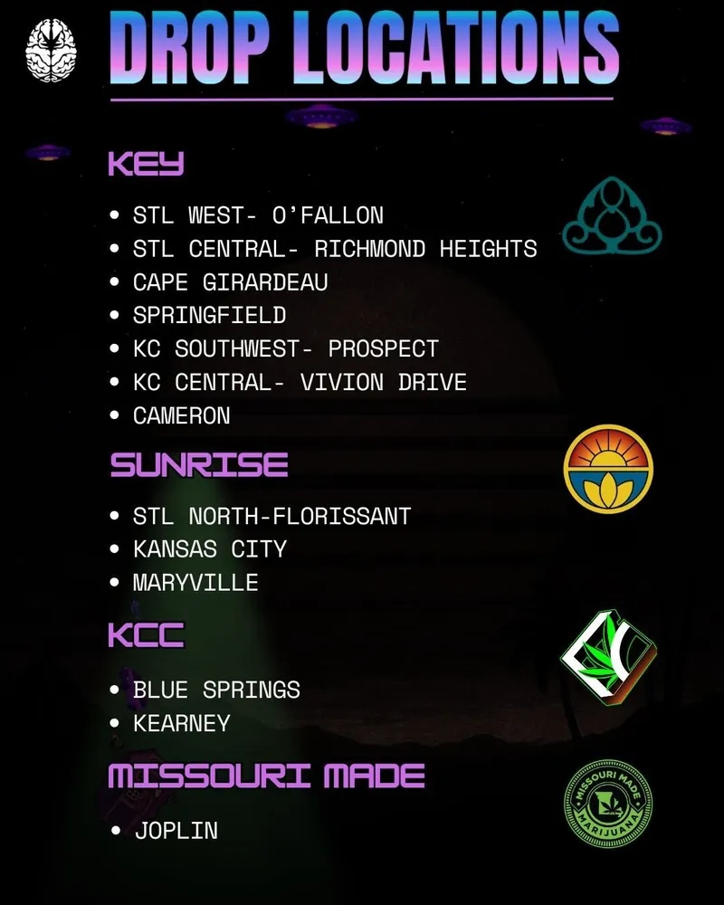 A graphic listing the 2025 Live Resin Pack drop locations for a local business, featuring areas in Missouri such as O'Fallon, Richmond Heights, Cape Girardeau, Springfield, and others. The design includes colorful icons representing different regions like Sunrise, KCC, and Missouri Made, aimed at helping customers identify where to find products or services.