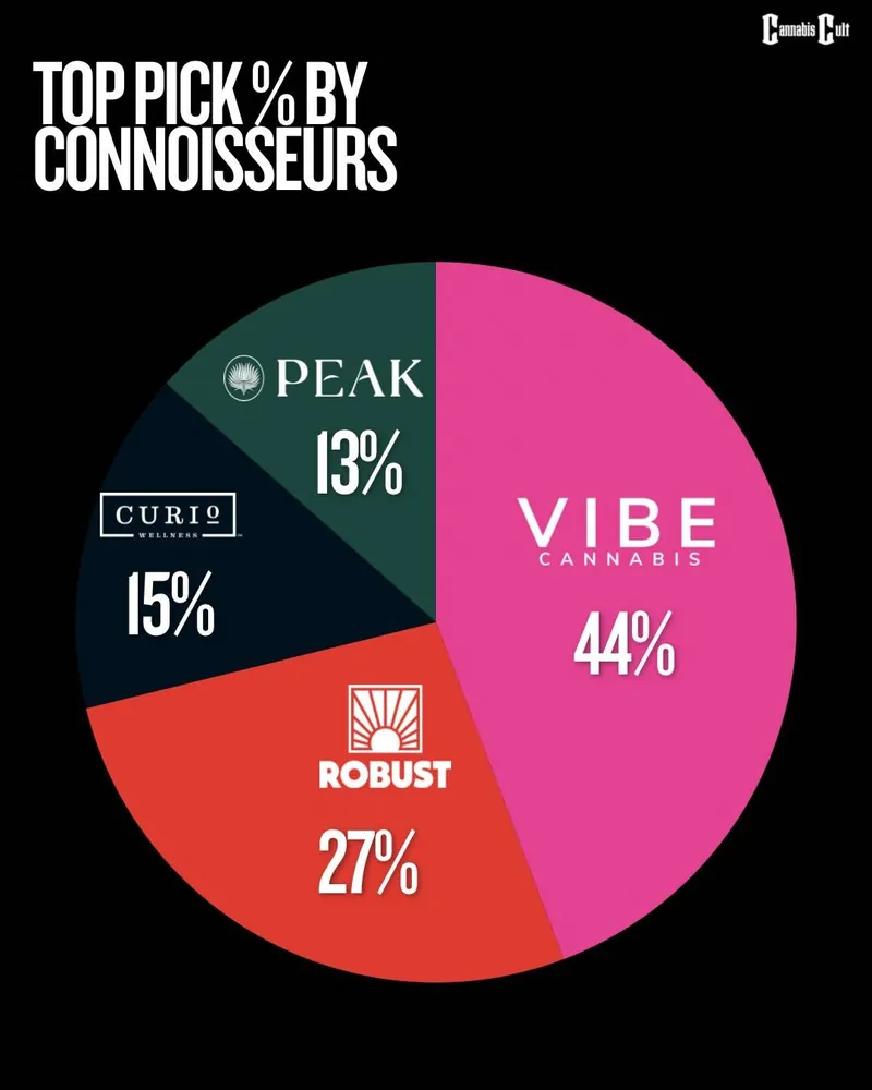 A pie chart illustrating the top cannabis brands as voted by connoisseurs. VIBE Cannabis leads with 44%, followed by Robust at 27%, Curio at 15%, and Peak at 13%. This graphic highlights consumer preferences in the local cannabis market.