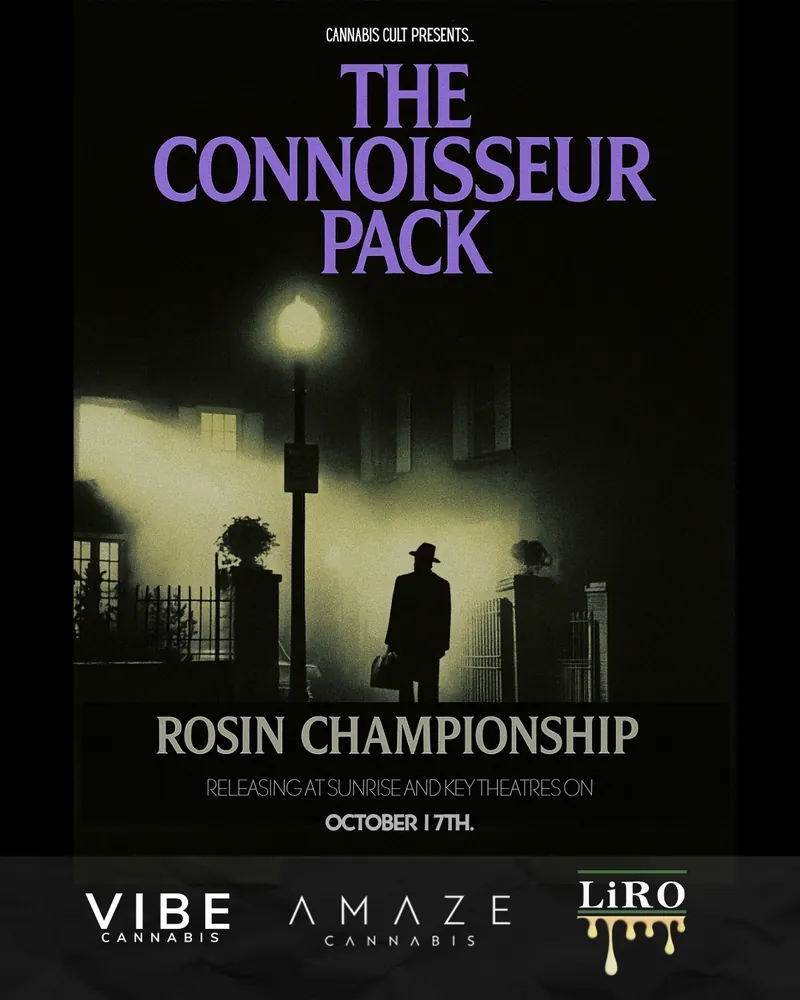 Promotional poster for The Connoisseur Pack featuring a shadowy figure under a lamppost, highlighting the Rosin Championship event. Text includes release details for Sunrise and Key Theatres on October 17th, with branding from Vibe Cannabis, Amaze Cannabis, and LiRo.