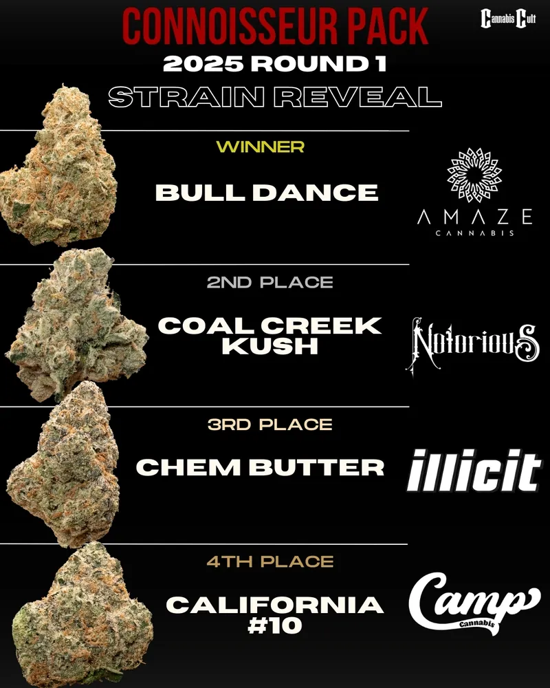 A graphic announcing the results of the 2025 Connoisseur Pack strain reveal. The winner is 