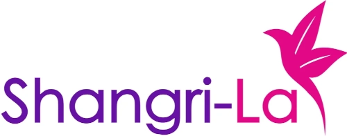 Logo for Shangri-La, featuring vibrant purple and pink text with a stylized bird design, representing a local business focused on relaxation and tranquility.